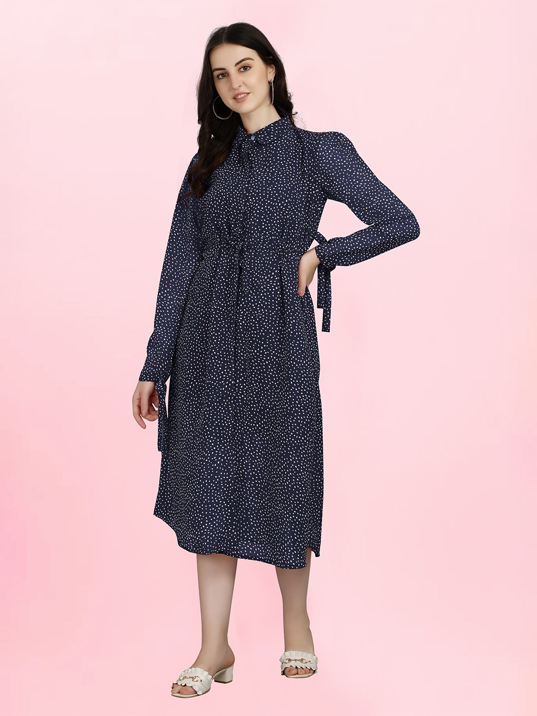 

Urban Luxe Printed Shirt Midi Georgette Dress, Navy blue
