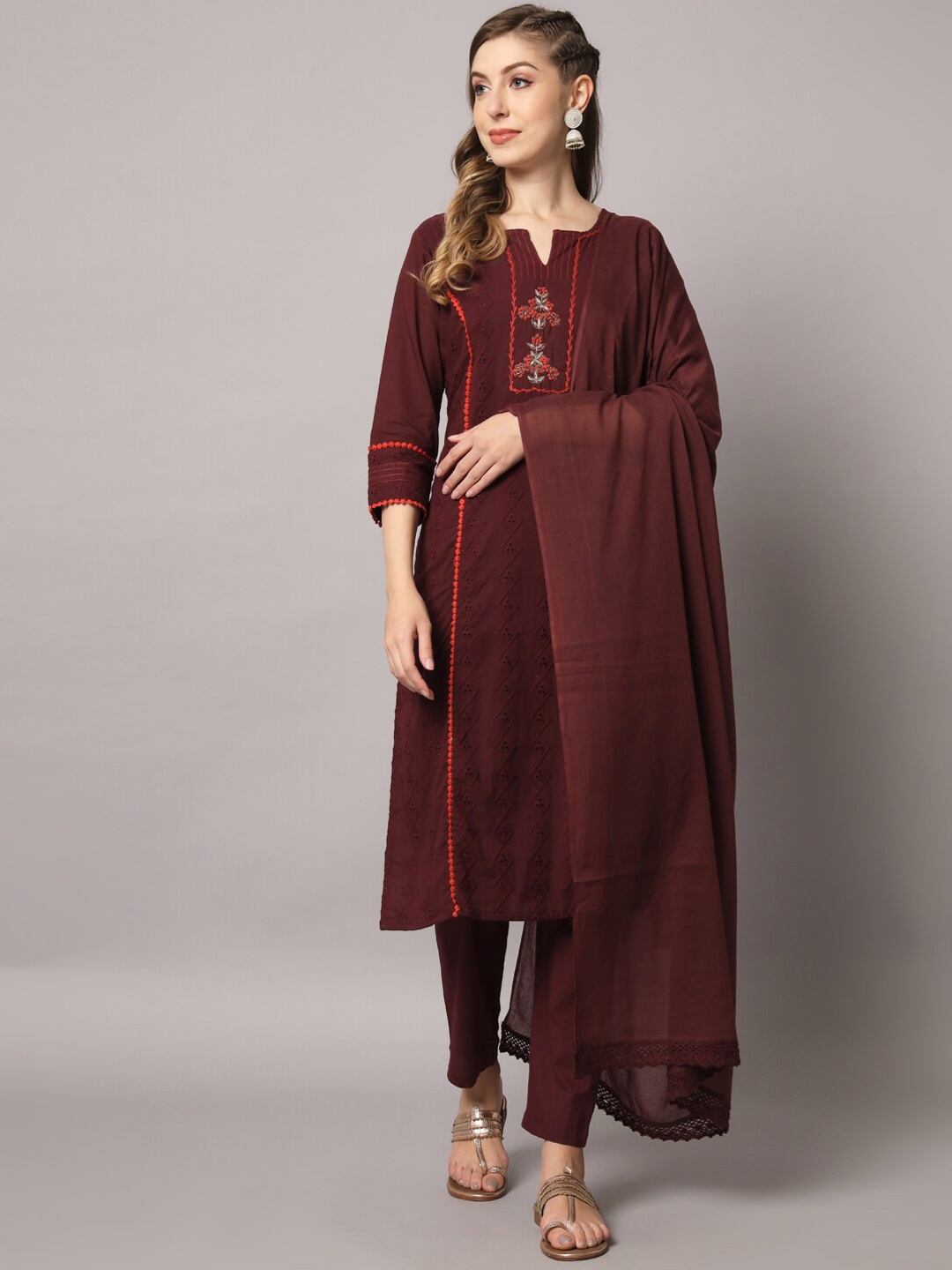 

PREKSHA Women Pure Cotton Kurta With Trousers & Dupatta, Maroon