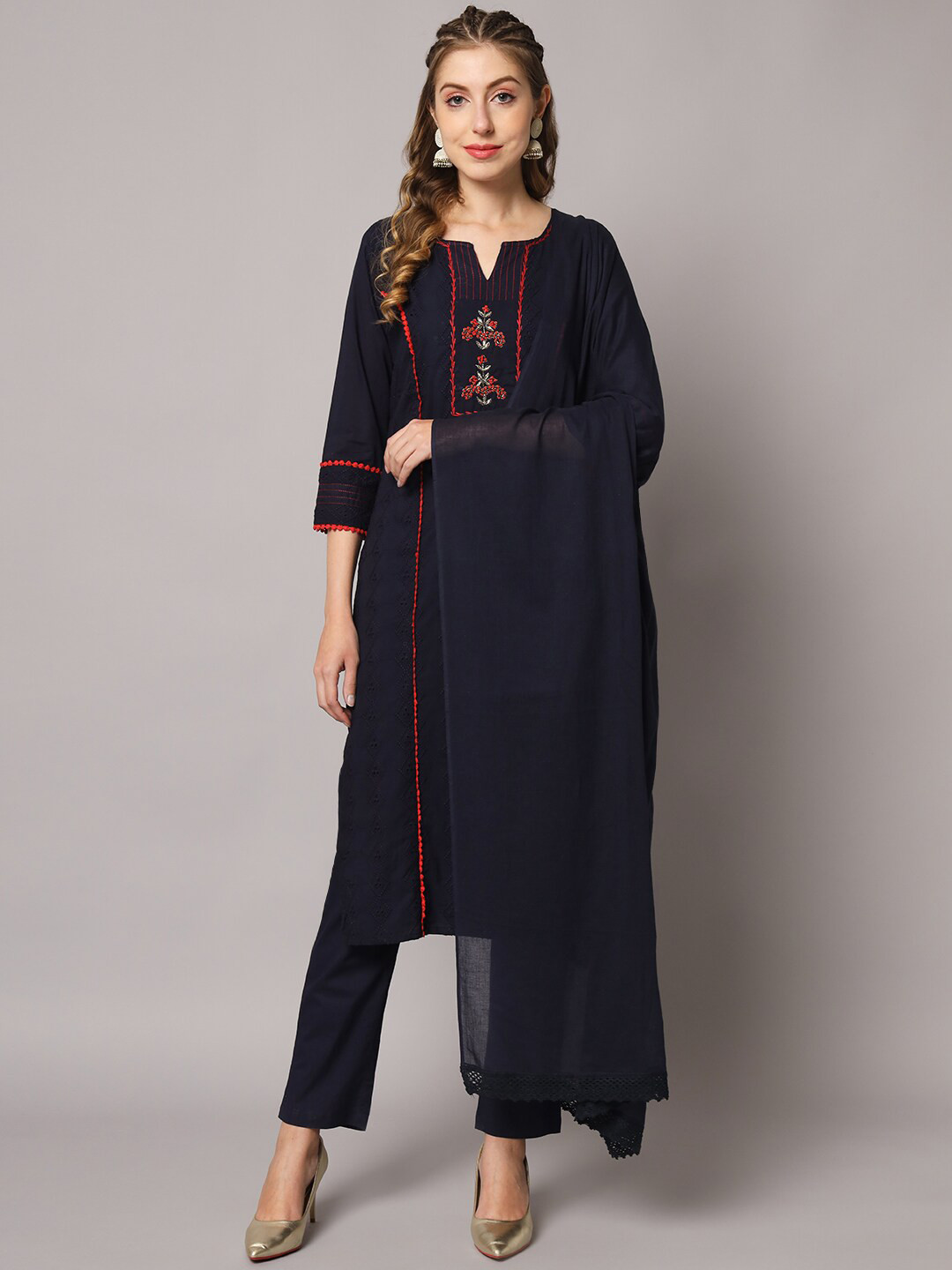 

PREKSHA Women Floral Embroidered Notch Neck Pure Cotton Kurta with Trousers & Dupatta, Navy blue