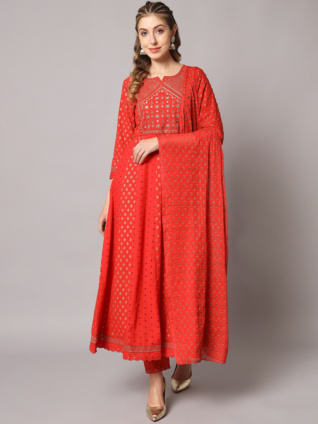 

PREKSHA Women Floral Embroidered Pure Cotton Kurta With Trousers & Dupatta, Red