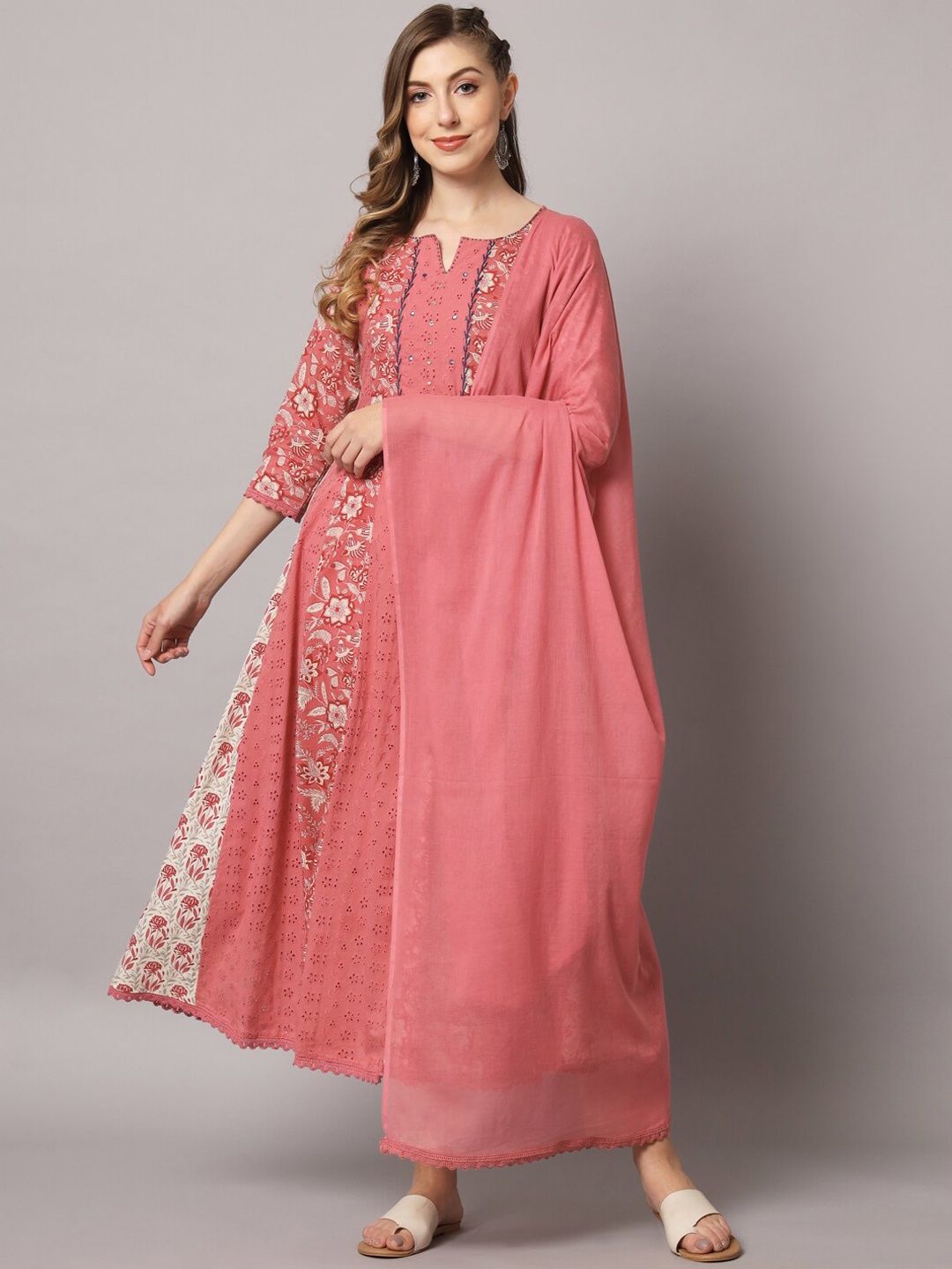 

PREKSHA Women Pink Floral Printed Mirror Work Pure Cotton Kurta with Trousers & With Dupatta