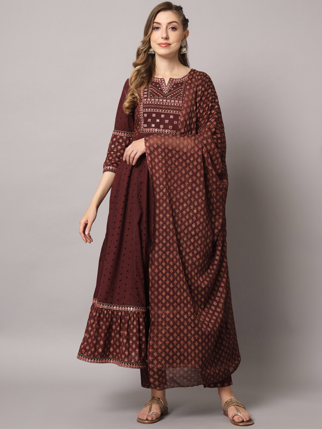 

PREKSHA Women Floral Embroidered Pure Cotton Kurta With Trousers & Dupatta, Maroon