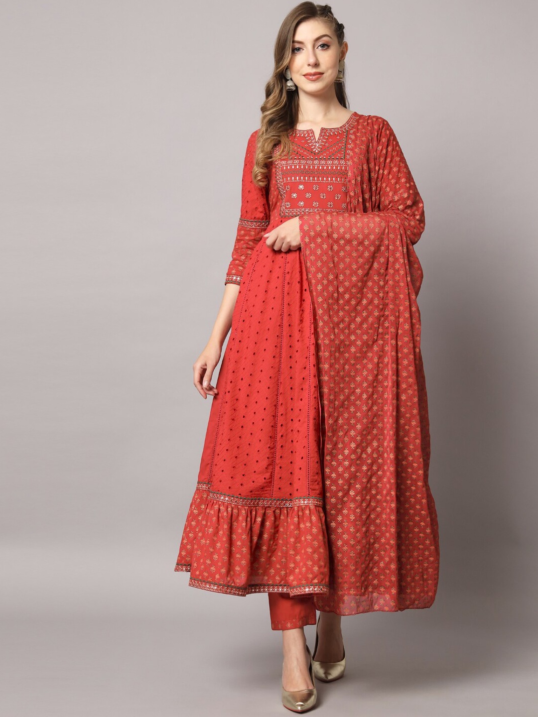 

PREKSHA Women Floral Embroidered Pure Cotton Kurta With Trousers & Dupatta, Red