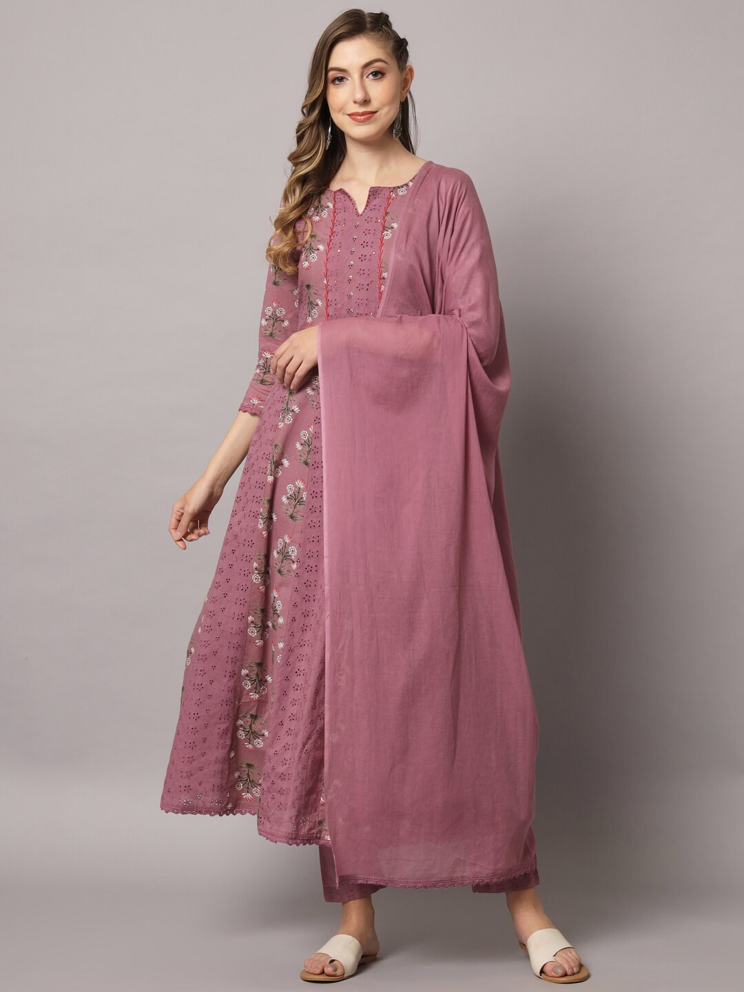 

PREKSHA Women Floral Printed Thread Work Pure Cotton Kurta With Trousers & Dupatta, Purple