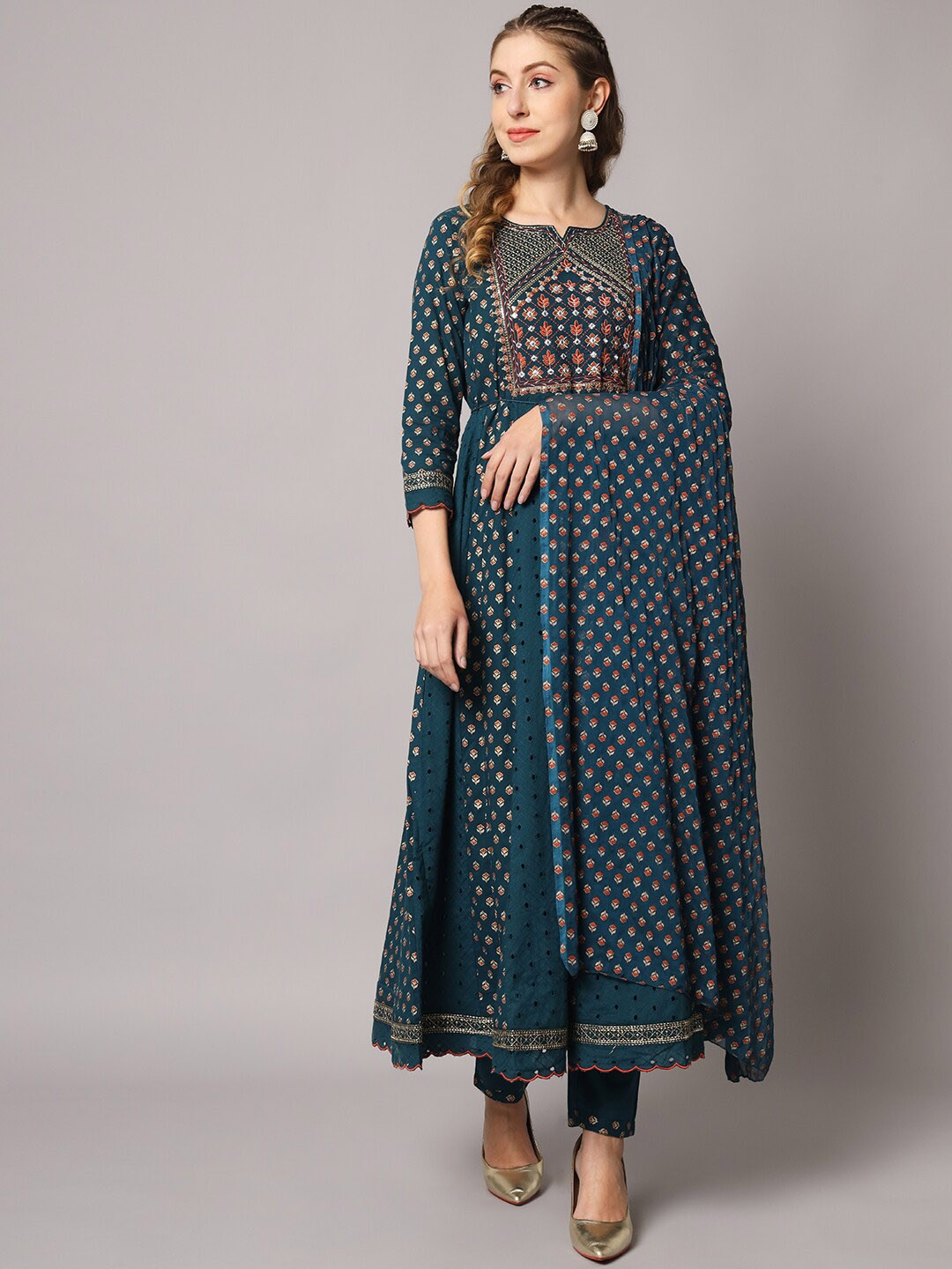 

PREKSHA Women Floral Printed Thread Work Pure Cotton Kurta With Trousers & Dupatta, Blue