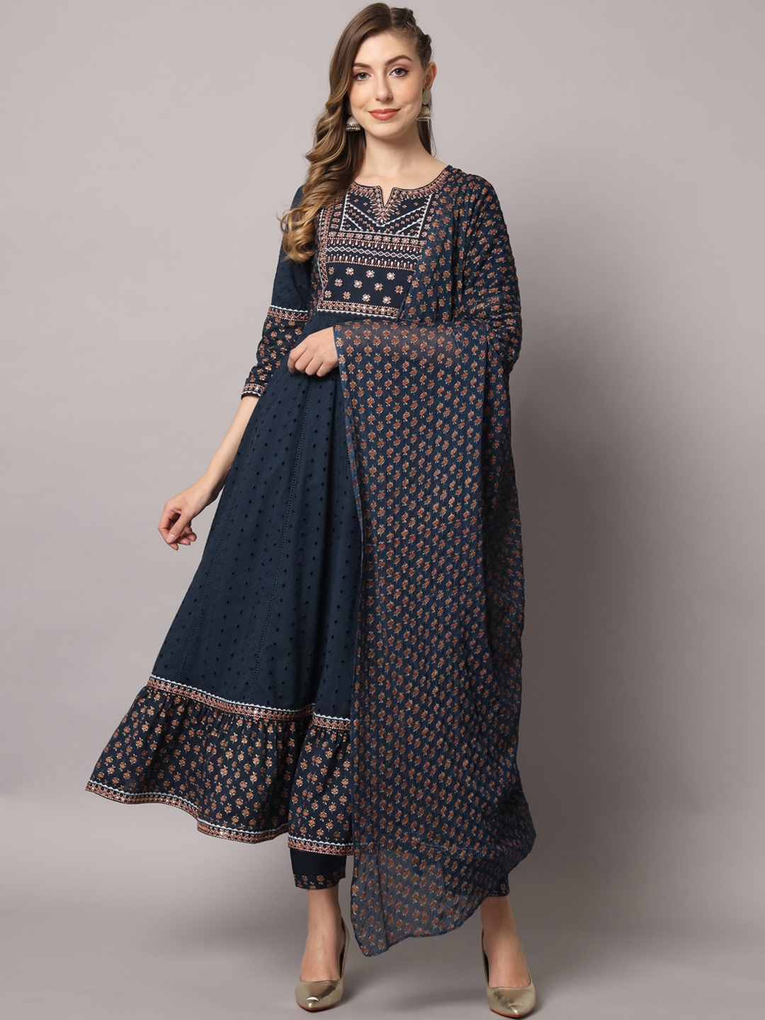 

PREKSHA Women Ethnic Motifs Printed Thread Work Pure Cotton Kurta With Trousers & Dupatta, Blue