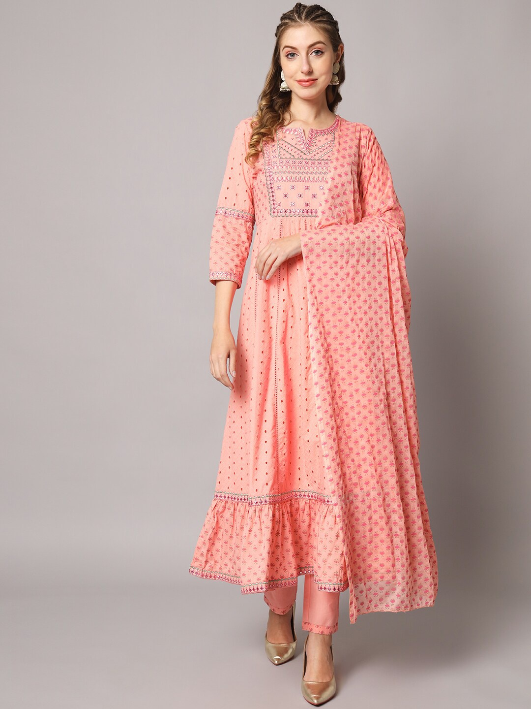 

PREKSHA Women Ethnic Motifs Printed Thread Work Pure Cotton Kurta With Trousers & Dupatta, Pink