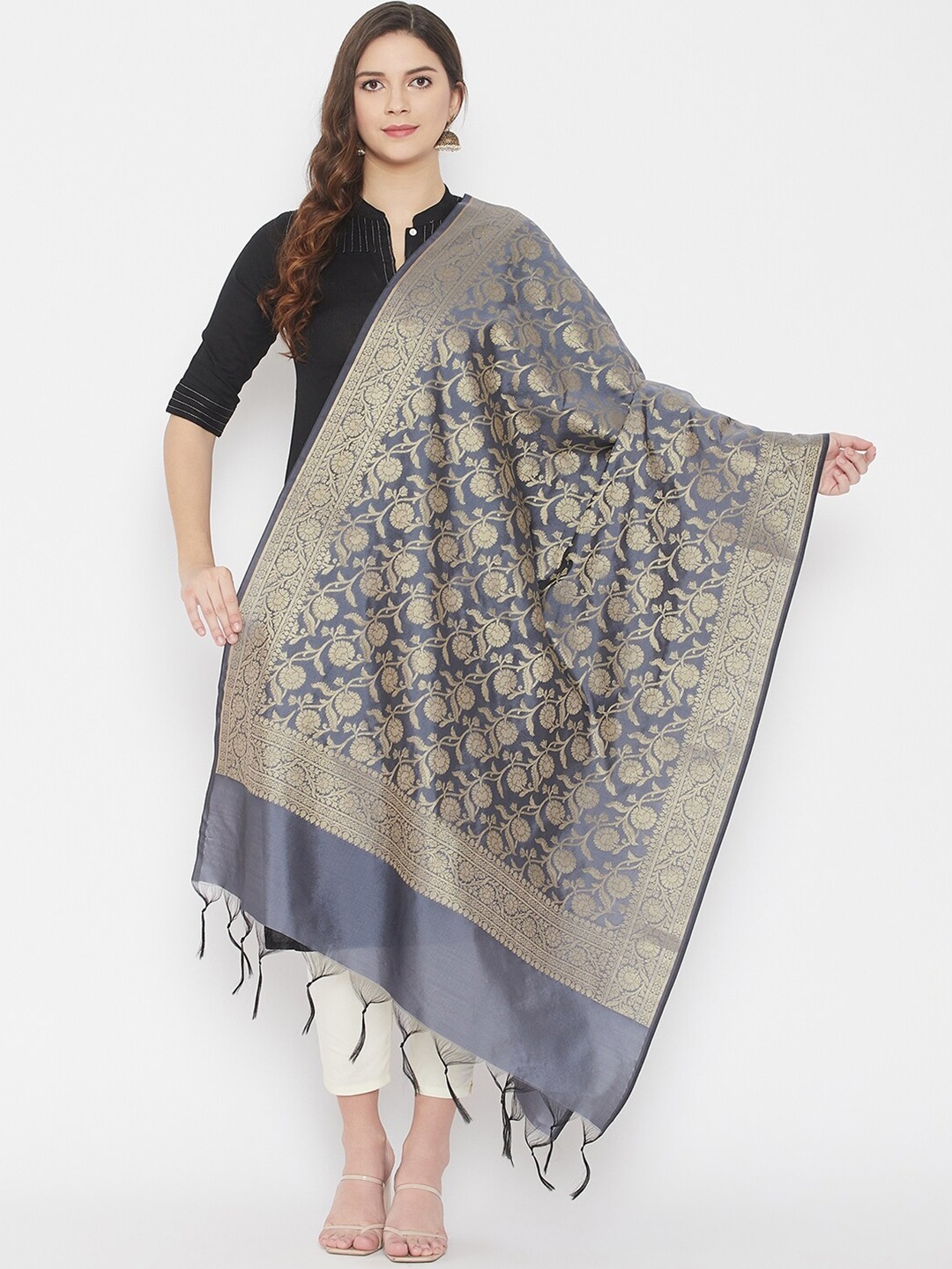 

Clora Creation Woven Design Dupatta With Zari, Grey
