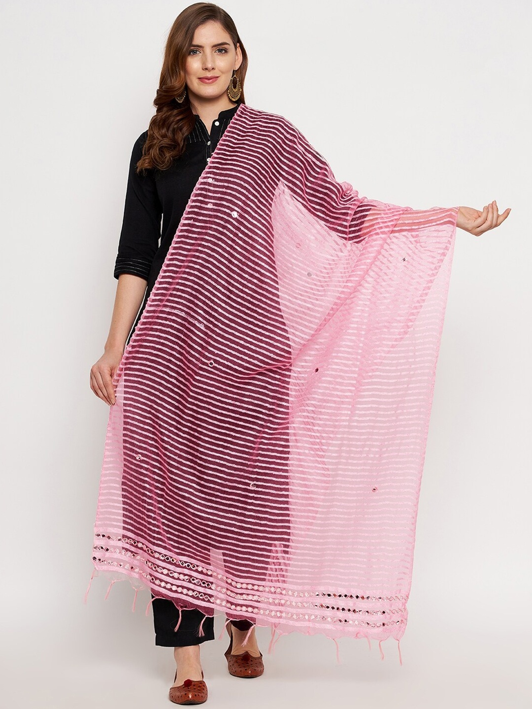 

Clora Creation Striped Organza Dupatta With Mirror Work, Pink