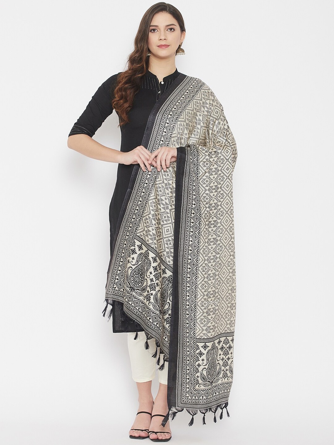 

Clora Creation Ethnic Motif Printed Dupatta With Tassels, Black