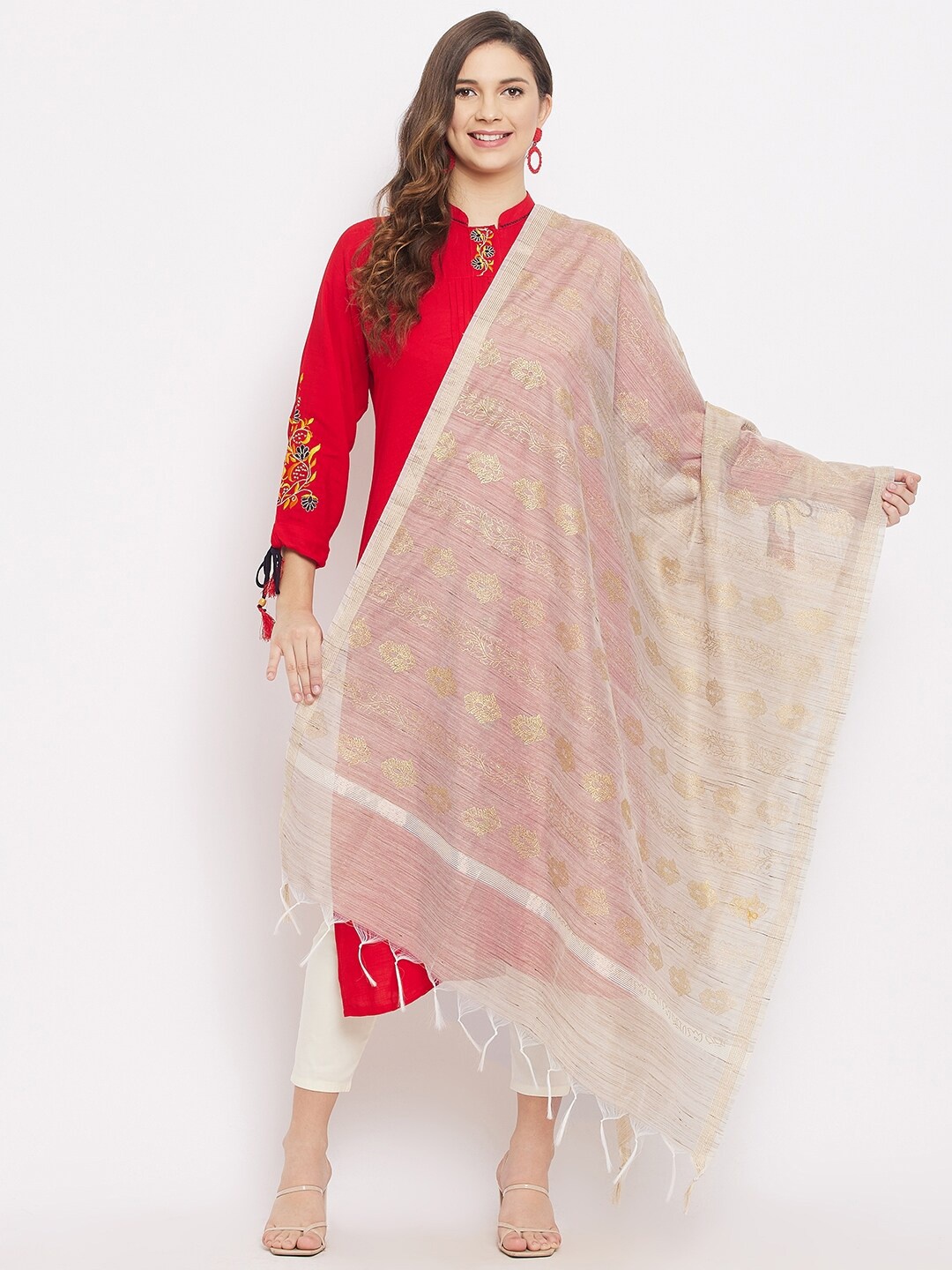 

Clora Creation Tasselled Printed Dupatta, Beige