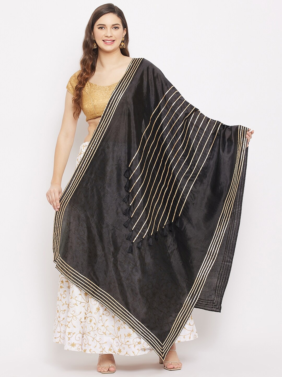 

Clora Creation Striped Dupatta With Gotta Patti, Black