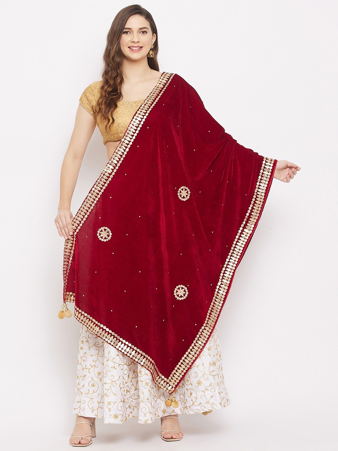 

Clora Creation Ethnic Motifs Embroidered Velvet Dupatta, Maroon