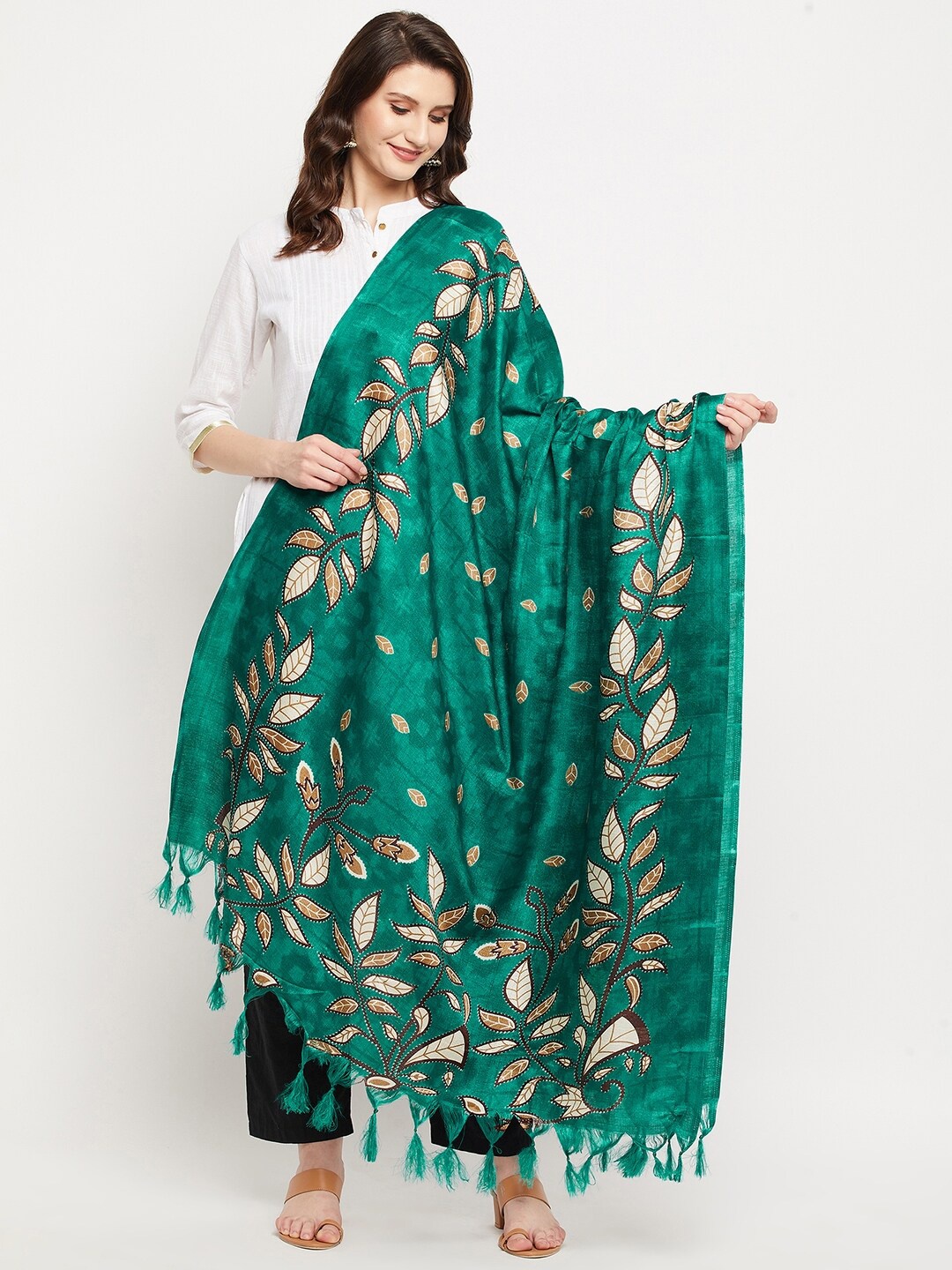 

Clora Creation Floral Printed Dupatta With Tassels, Green