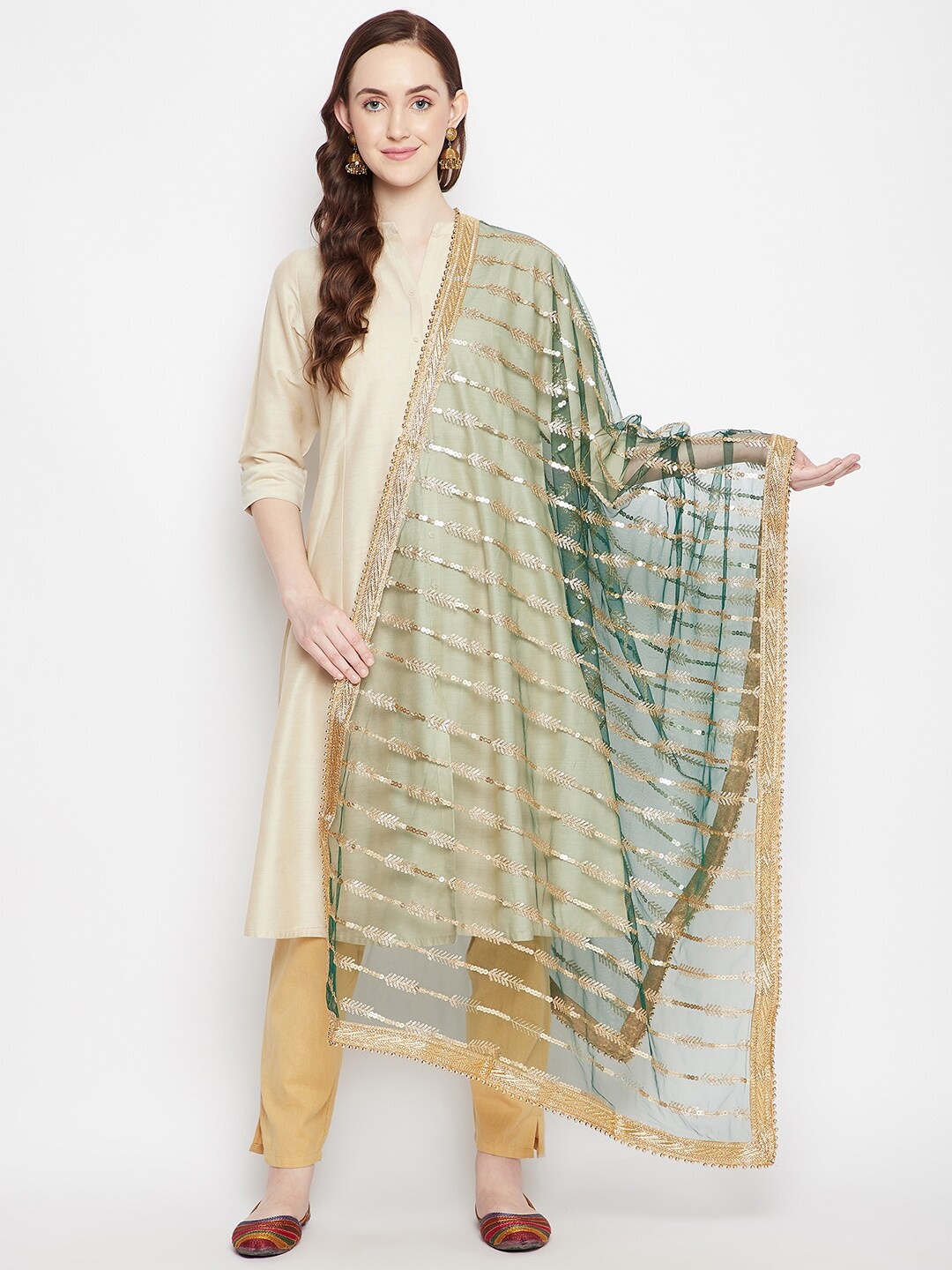 

Clora Creation Embroidered Dupatta with Sequinned, Green