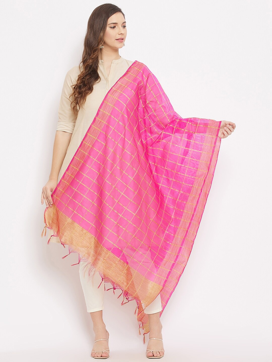 

Clora Creation Checked Woven Design Dupatta With Tassels, Magenta