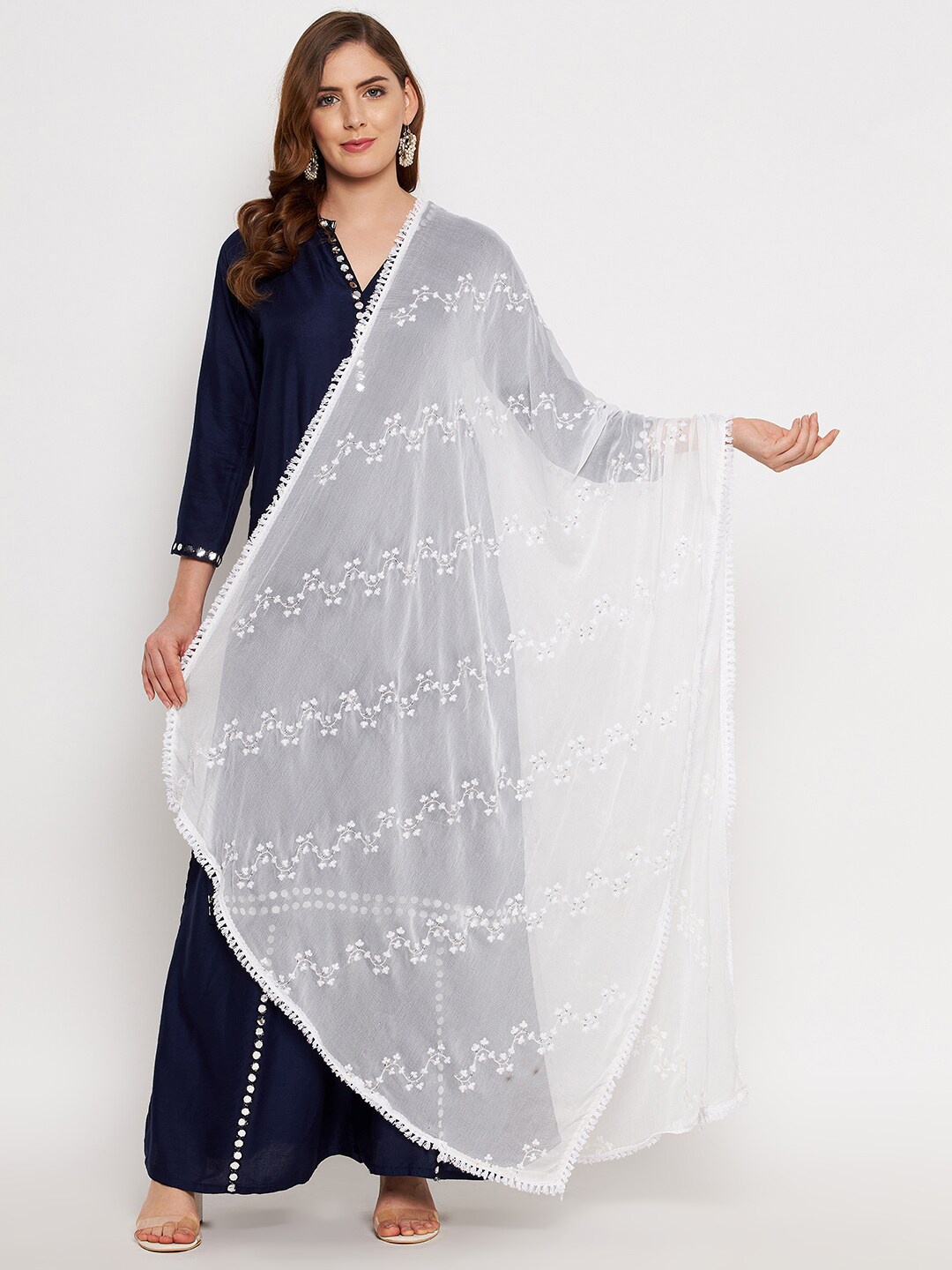

Clora Creation Embroidered Dupatta With tassels, White