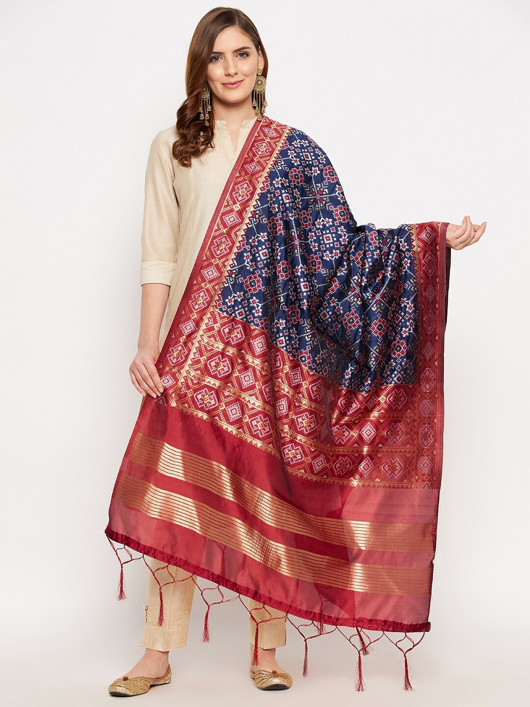

Clora Creation Ethnic Motifs Woven Design Dupatta With Tassels, Navy blue