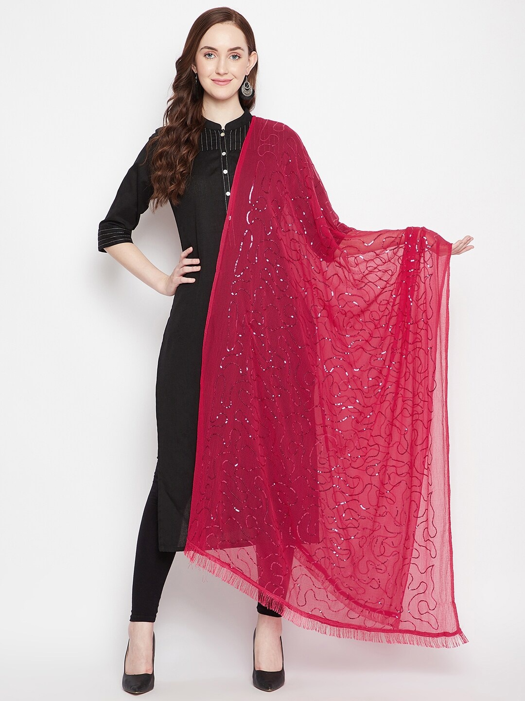 

Clora Creation Embellished Dupatta With Sequinned, Magenta