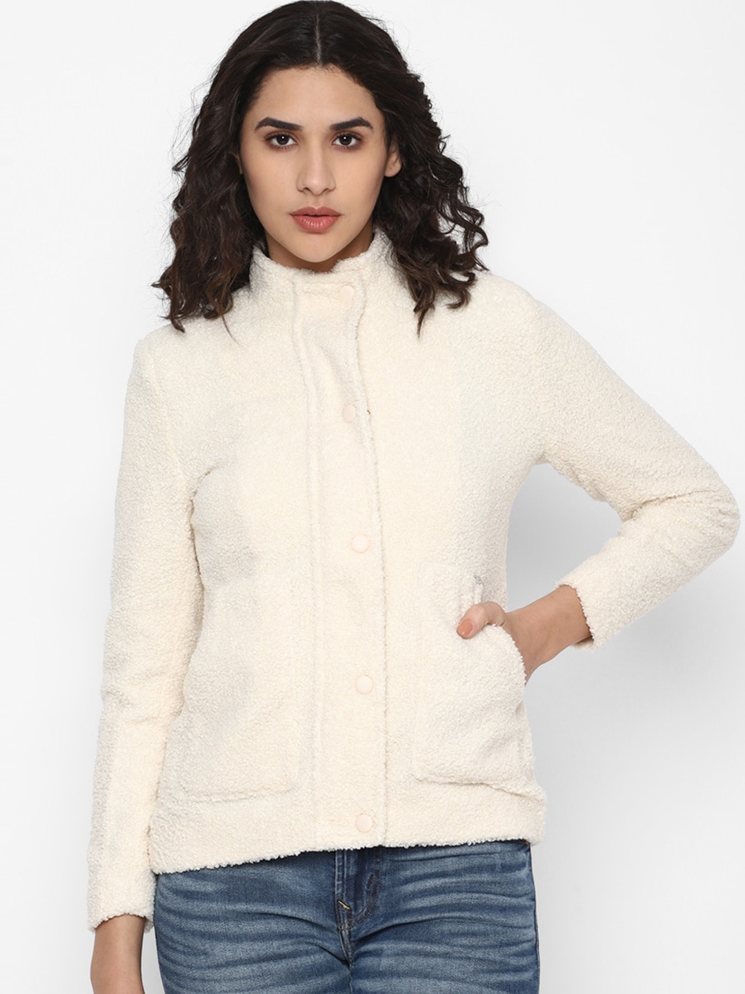 

Van Heusen Woman Stand-Collar Cotton Bomber Jacket, Cream