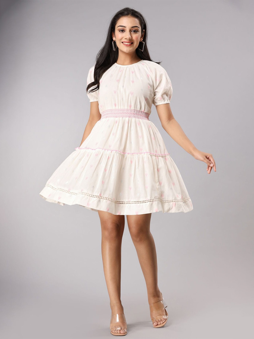 

FASHION DWAR Self Design Tiered Pure Cotton Dress, Pink
