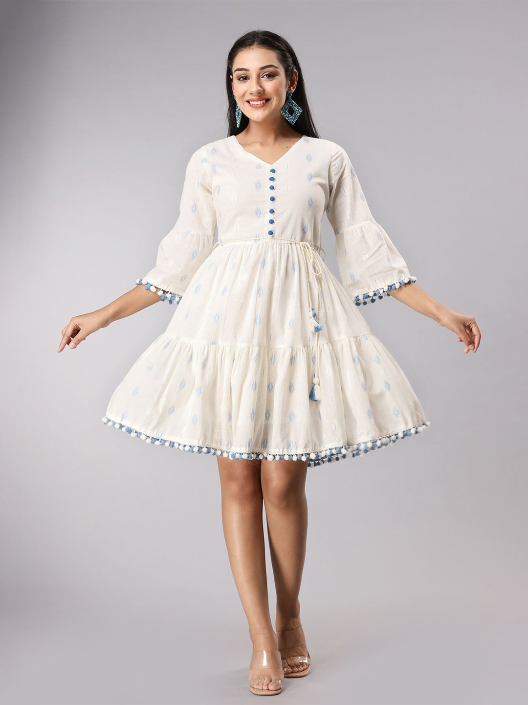 

FASHION DWAR Self Design Tiered Pure Cotton Dress, White