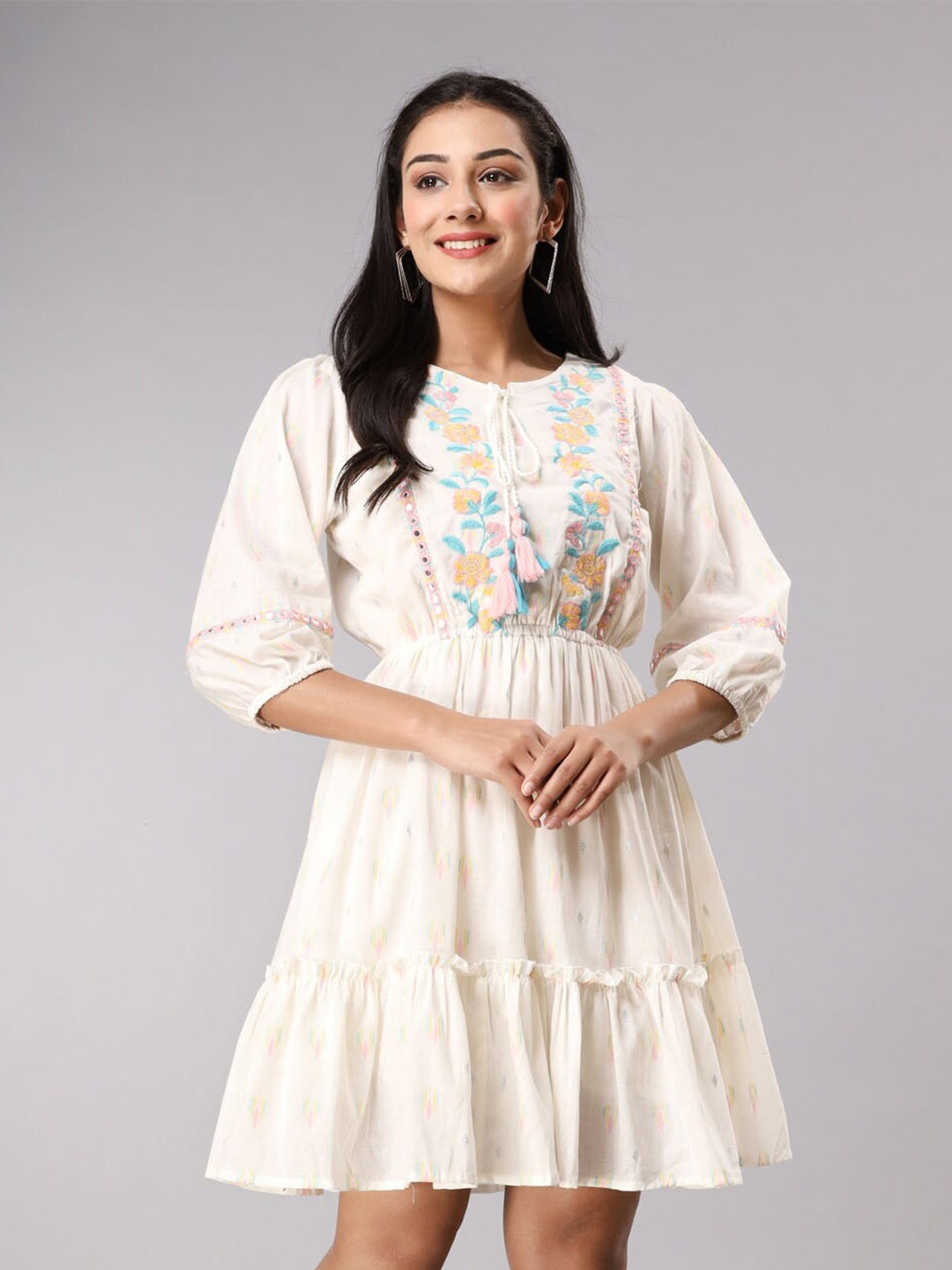

FASHION DWAR Tie-Up Neck Embroidered Fit & Flare Cotton Dress, Cream
