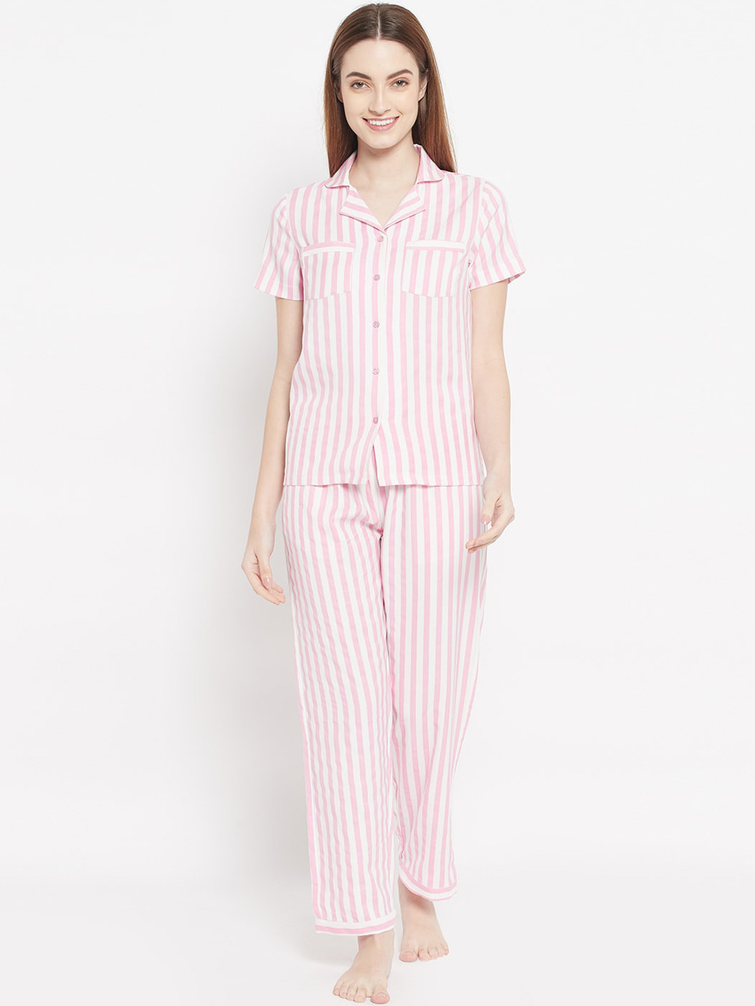

HOUSE OF KKARMA Women 2 Pieces Striped Night Suit, Pink