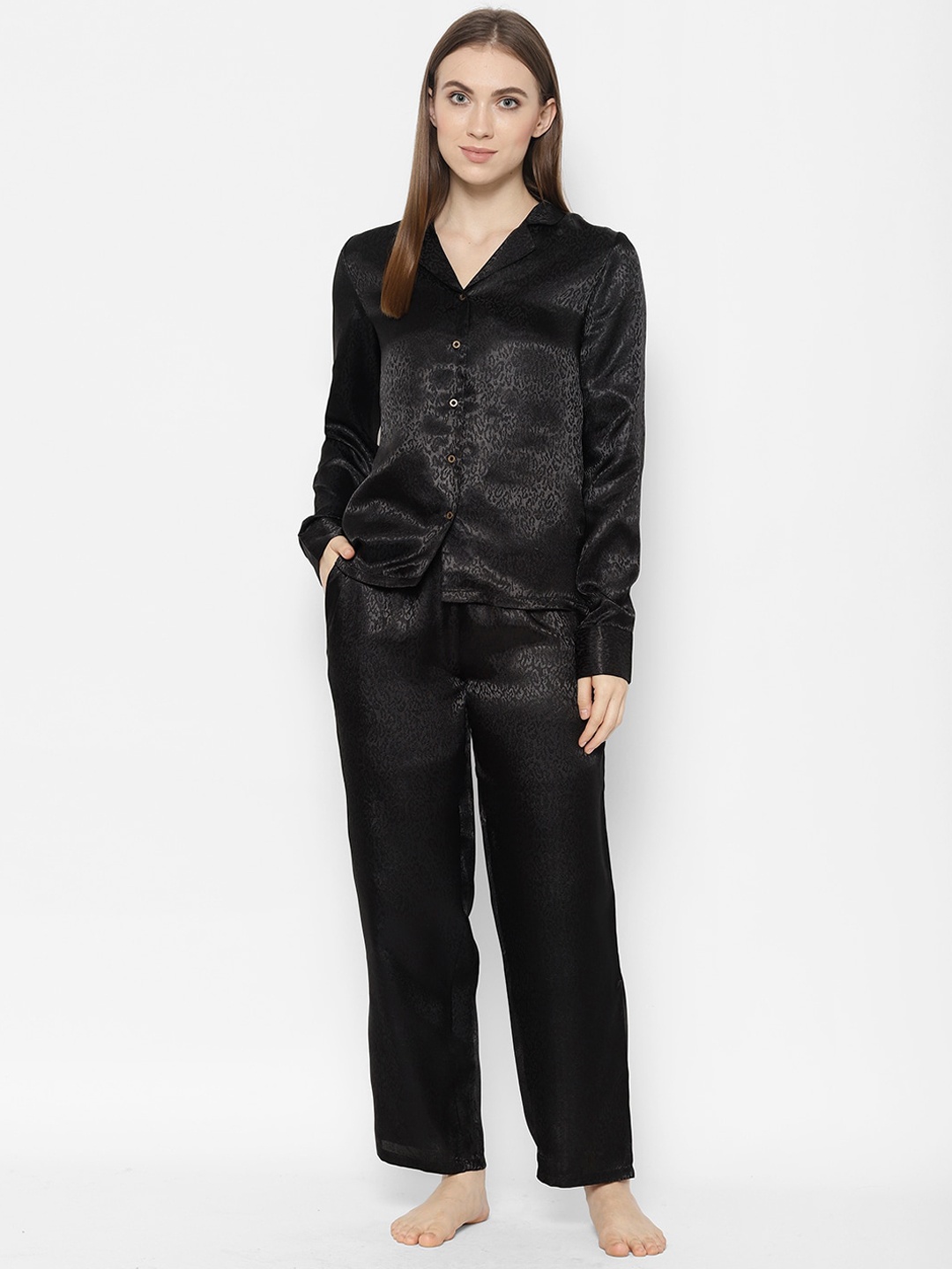 

HOUSE OF KKARMA Women 2 Pieces Self Design Night Suit, Black