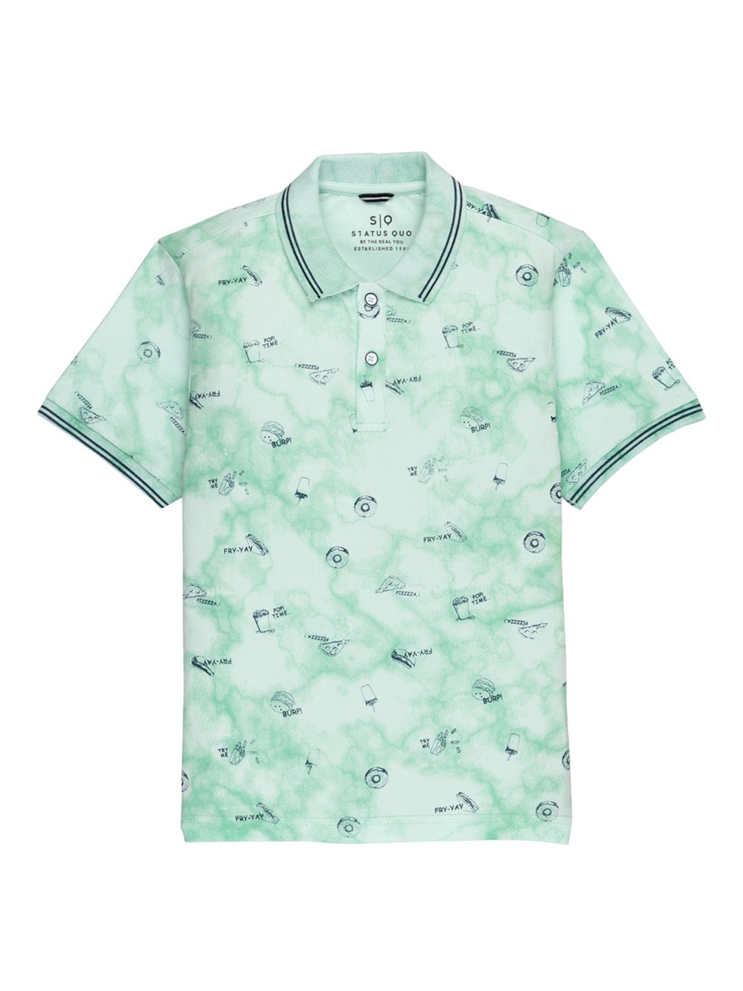 

Status Quo Boys Conversational Printed Polo Collar Cotton T-shirt, Sea green
