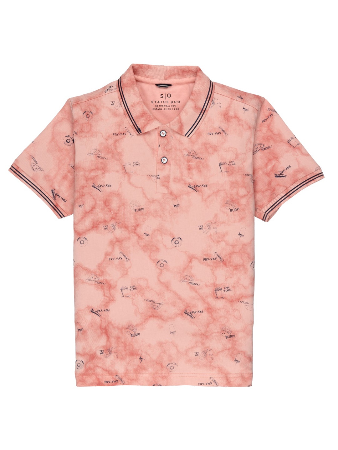 

Status Quo Boys Polo Collar Dyed Conversational Print Cotton T-Shirt, Coral