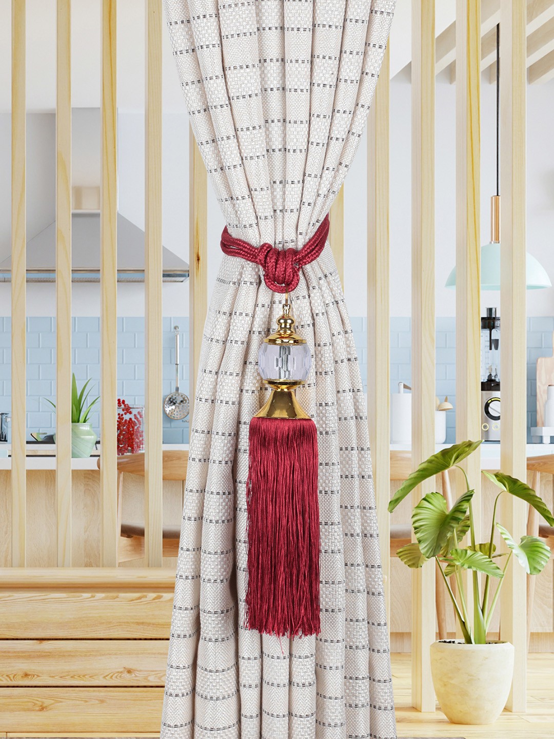 ROMEE 2 Pieces Red & White Decorative Curtain Tiebacks Tassels