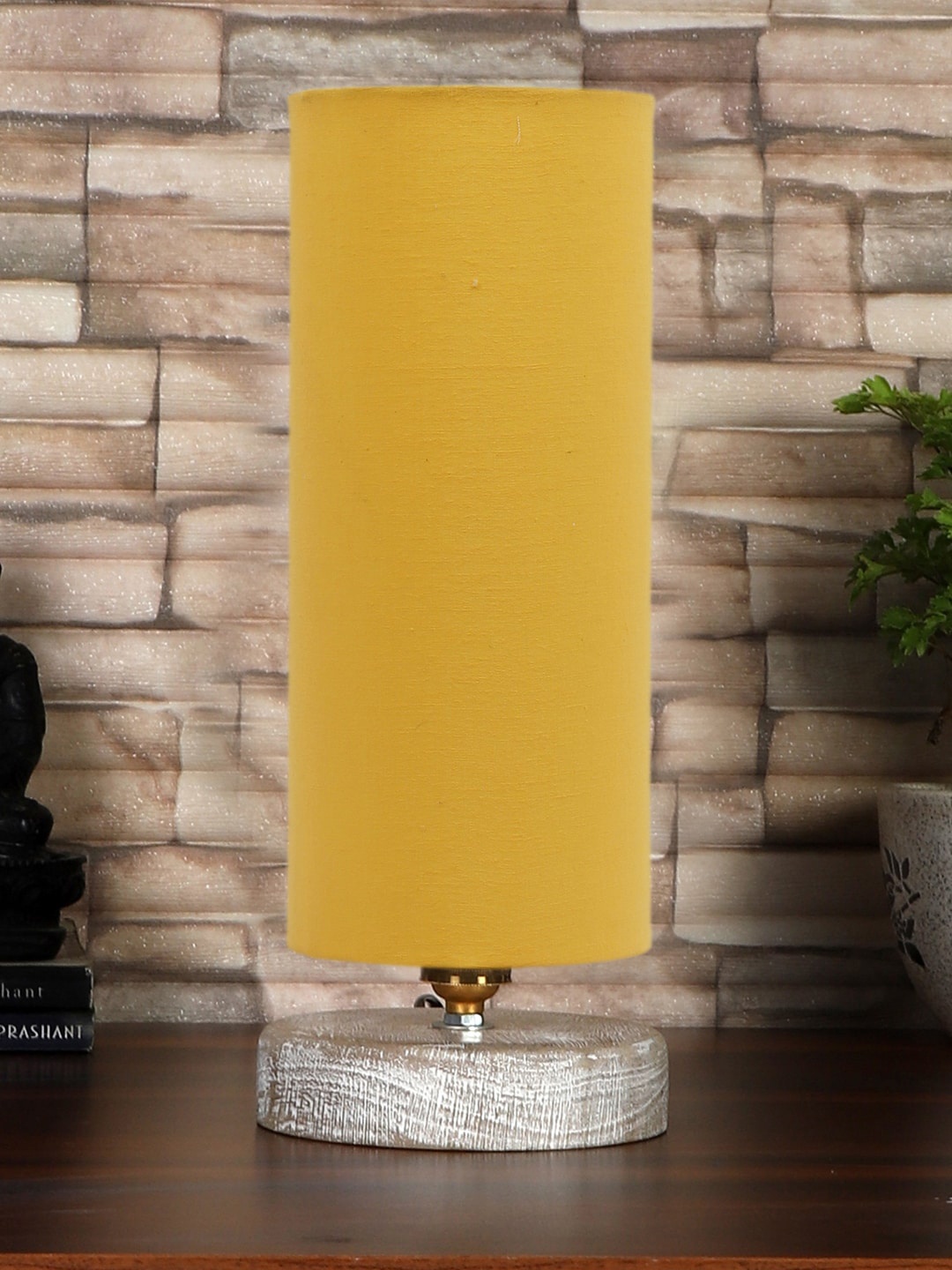 

Devansh Yellow & White Cotton Table Lamp With Wood Base