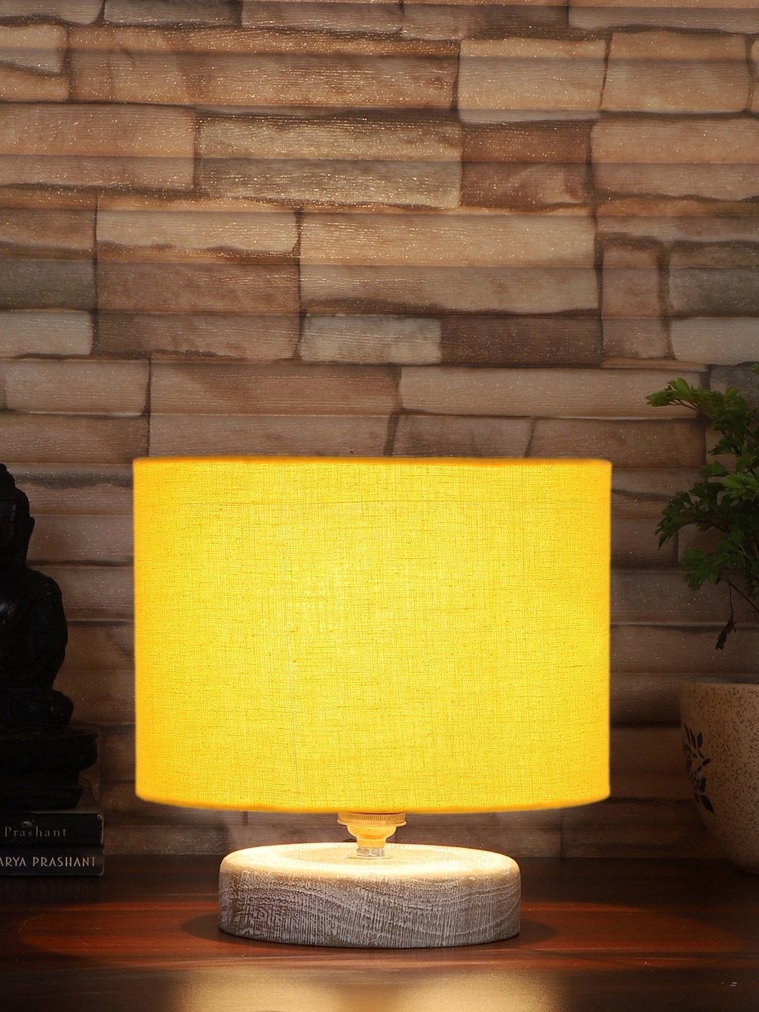 

Devansh Yellow & White Textured Cotton Table Lamp With Wood Base