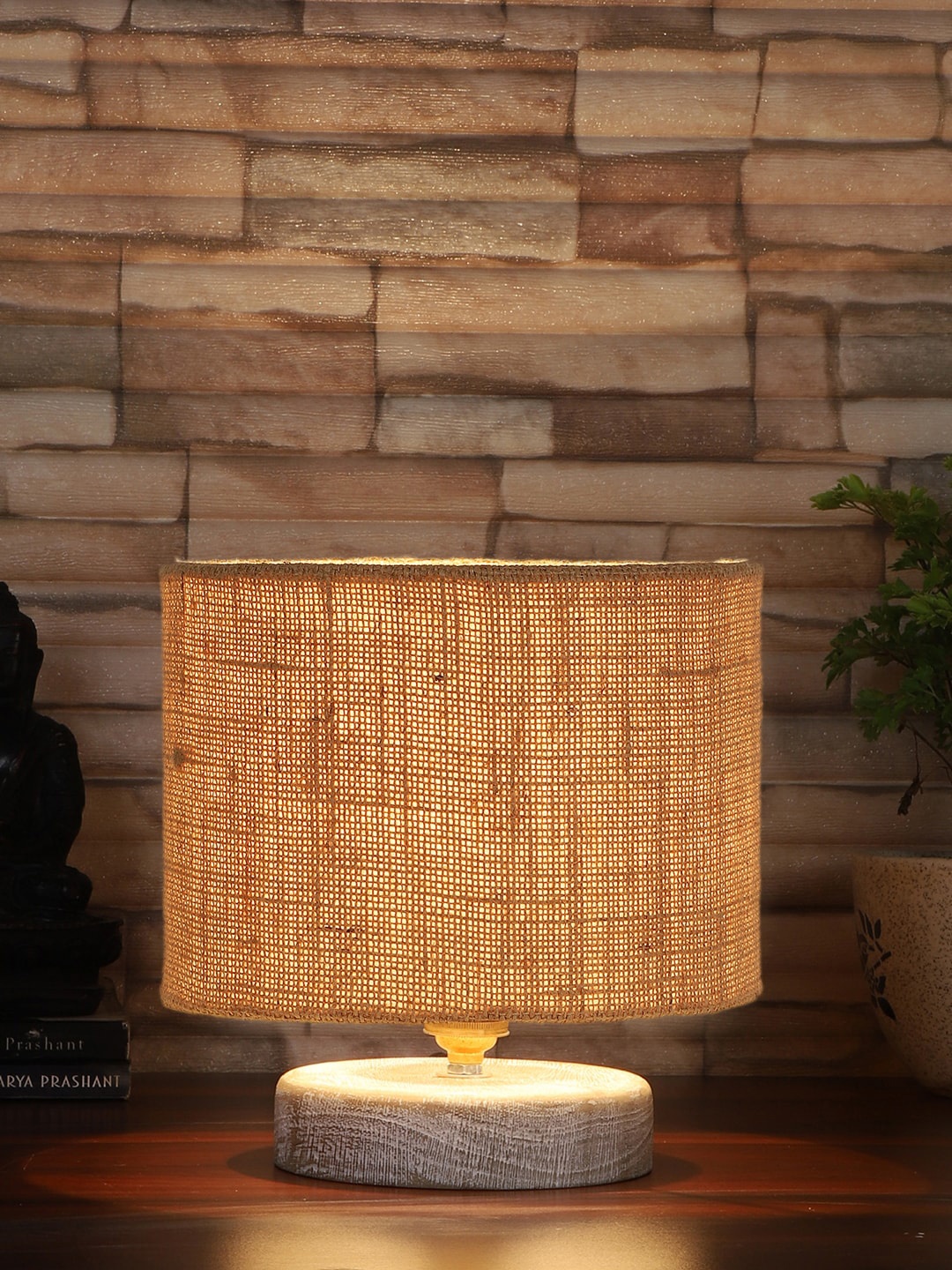 

Devansh Beige & White Textured Jute Table Lamp With Wood Base