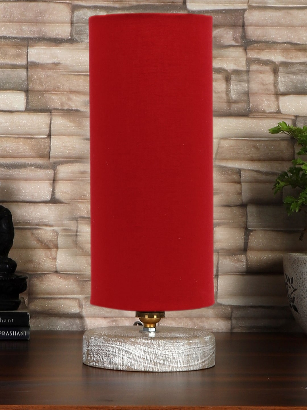 

Devansh Red & White Textured Cotton Table Lamp With Wood Base
