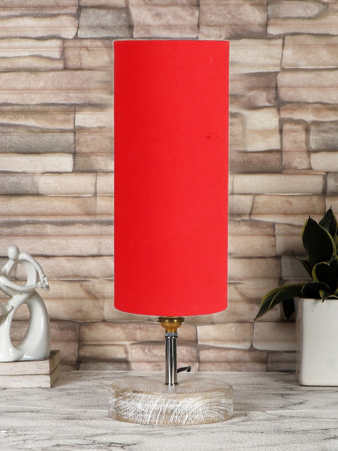 

Devansh Red & White Textured Cotton Table Lamp With Wood Base