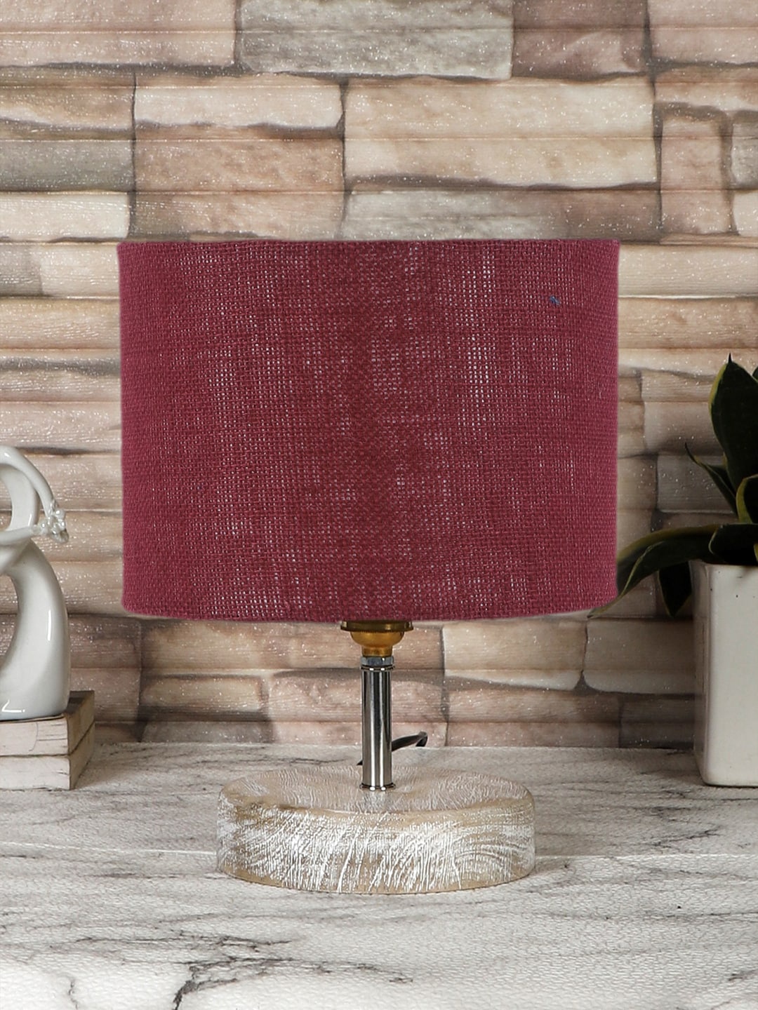 

Devansh Maroon & White Textured Jute Table Lamp With Wood Base