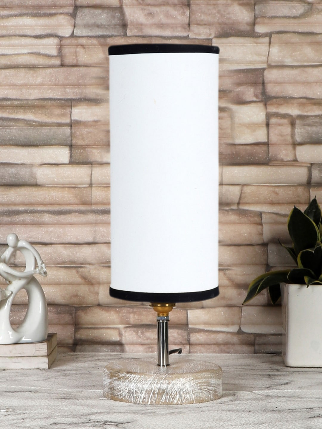 

Devansh White & Black Cotton Table Lamp With Wood Base