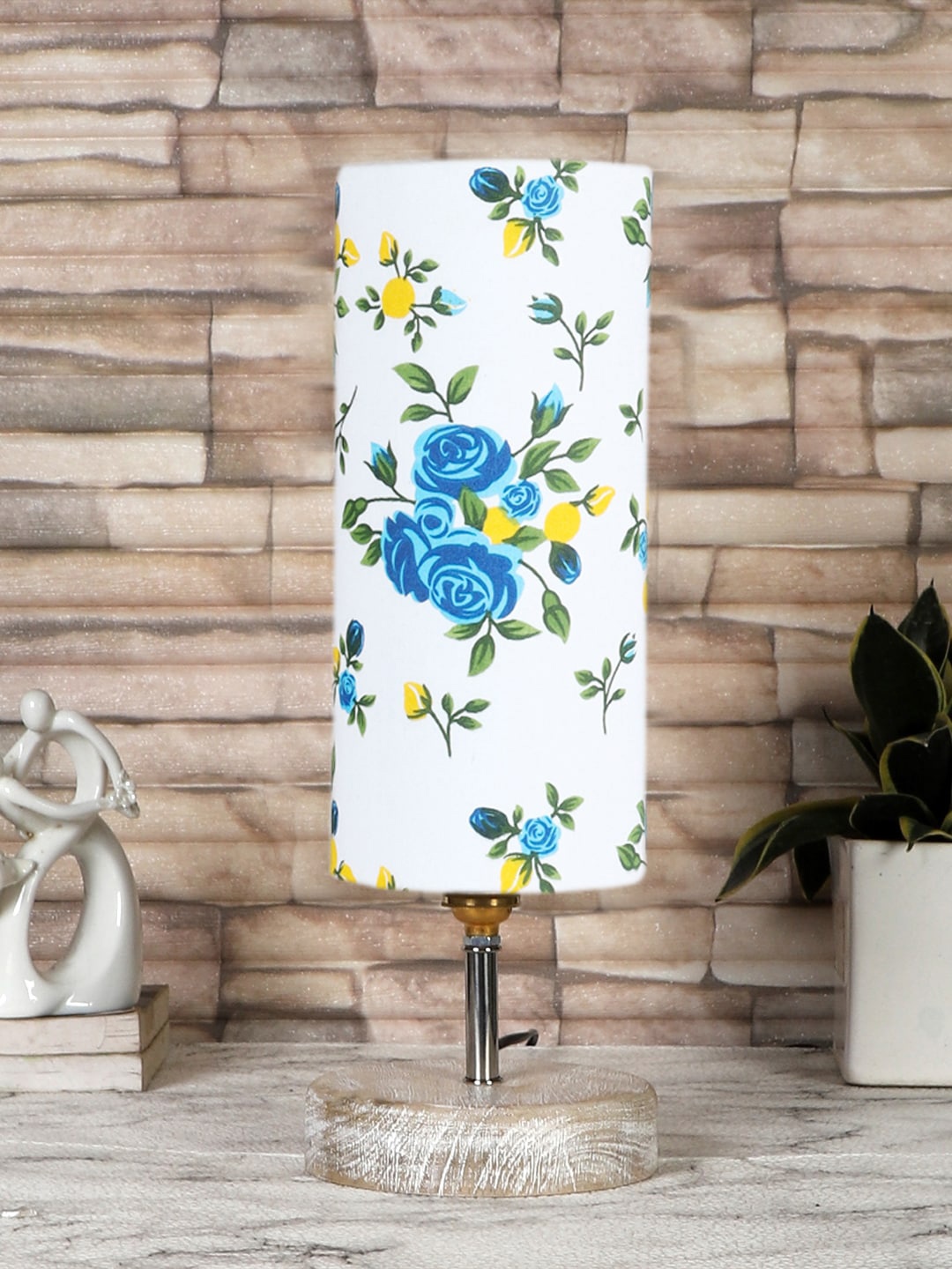 

Devansh White & Blue Printed Cotton Table Lamp With Wood Base