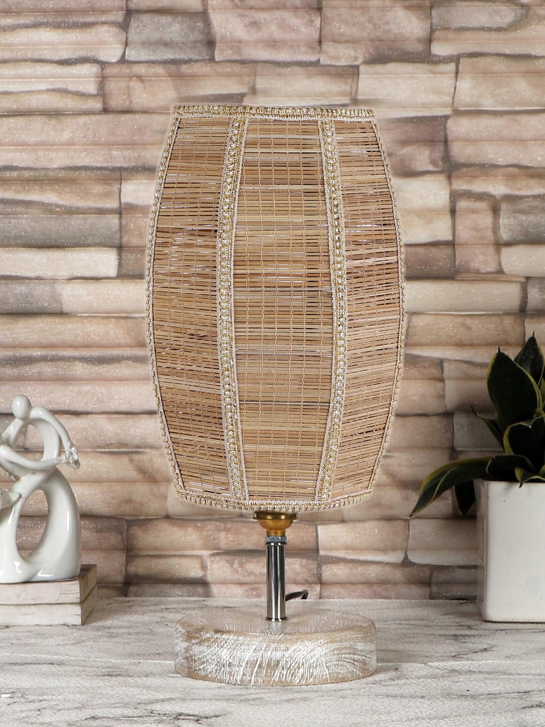 

Devansh Dholak Beige & White Textured Bamboo Table Lamp With Wood Base