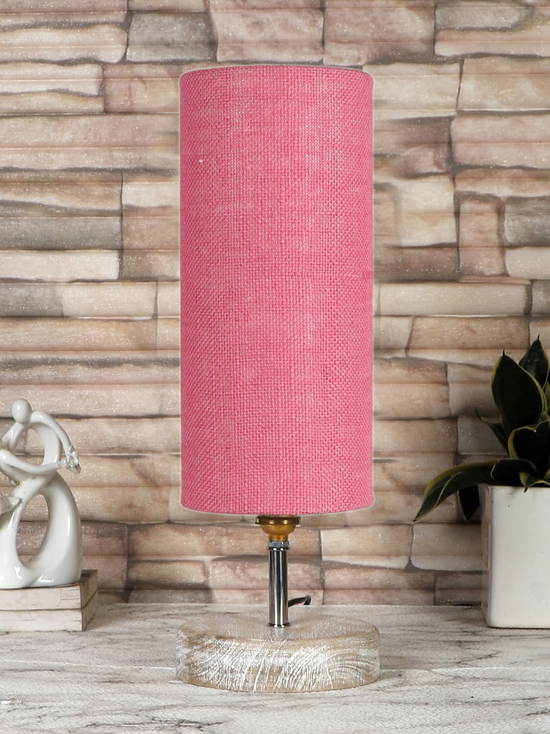 

Devansh Pink & White Textured Jute Table Lamp With Wood Base