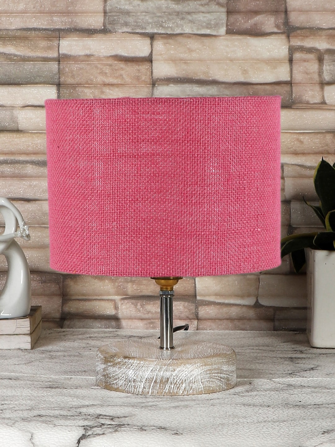 

Devansh Pink & White Textured Jute Table Lamp With Wood Base