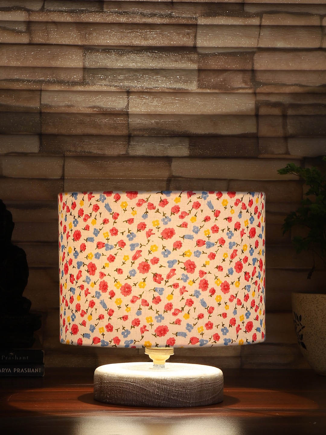 

Devansh Pink & White Printed Cotton Table Lamp With Wood Base