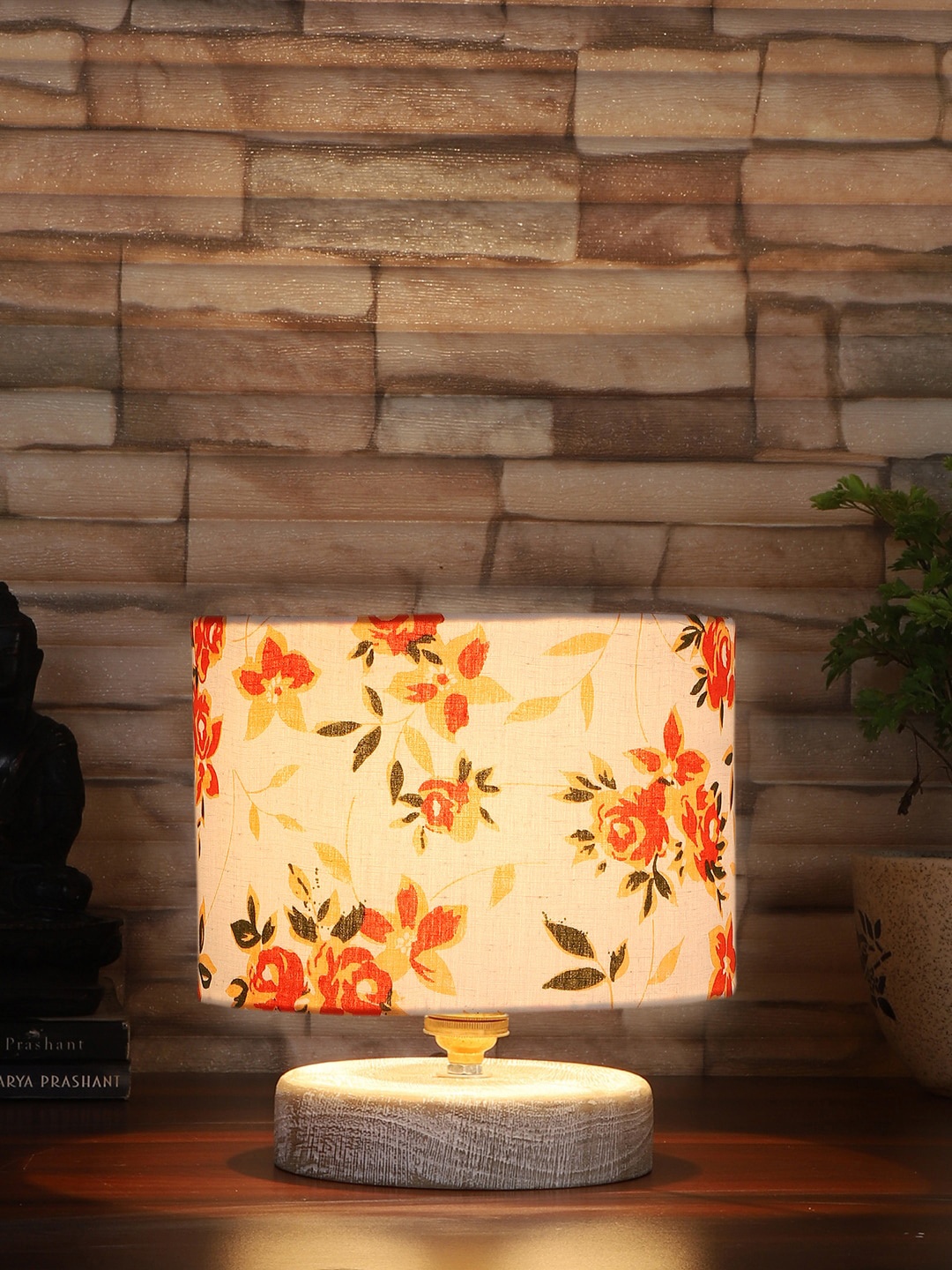 

Devansh White & Orange Floral Printed Cotton Table Lamp With Wood Base
