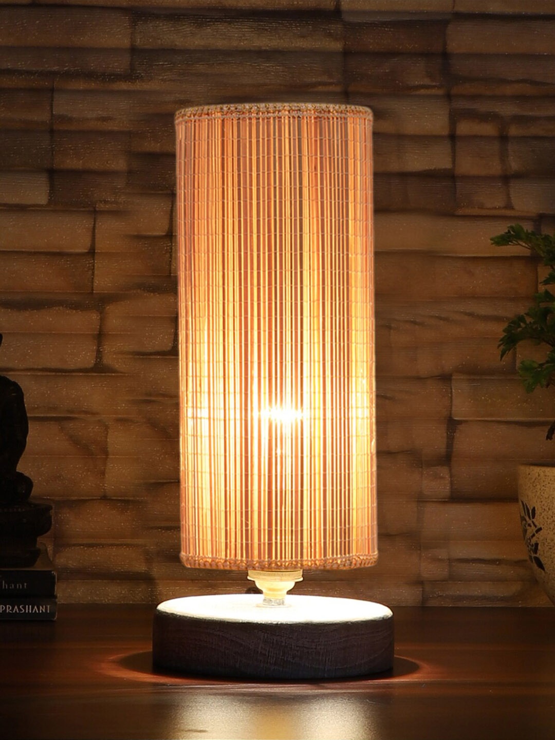 

Devansh Beige & White Textured Bamboo Table Lamp With Wood Base