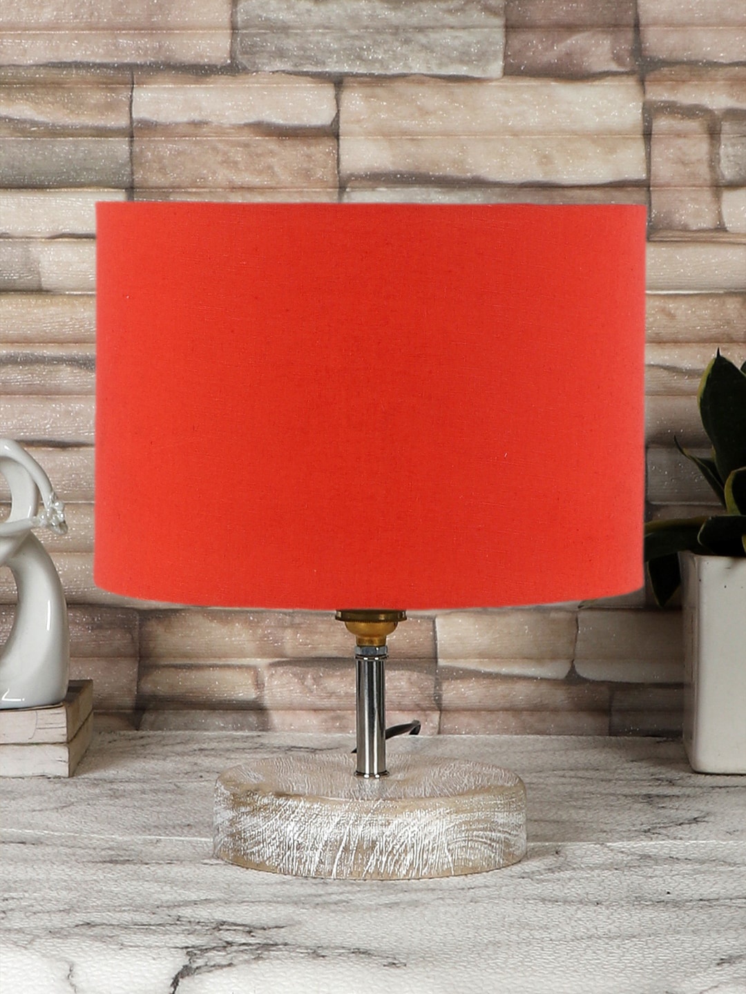 

Devansh Orange & White Textured Cotton Table Lamp With Wood Base