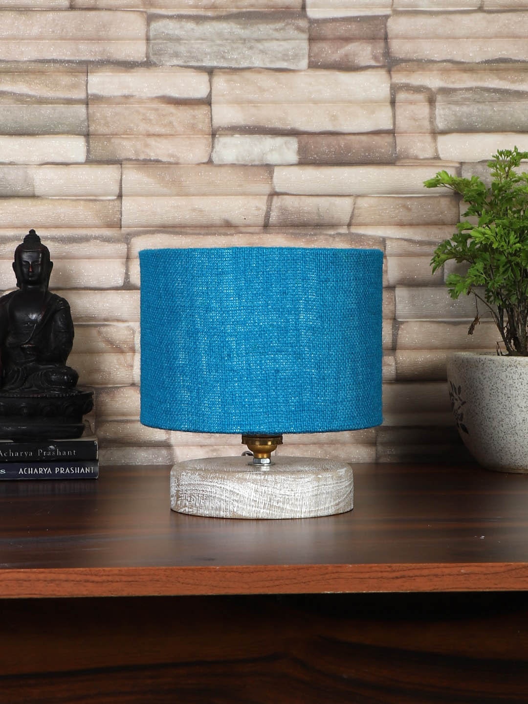 

Devansh Turquoise Blue & White Textured Jute Table Lamp With Wood Base