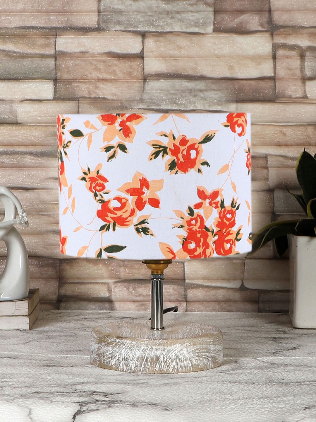 

Devansh White & Orange Printed Cotton Table Lamp With Wood Base