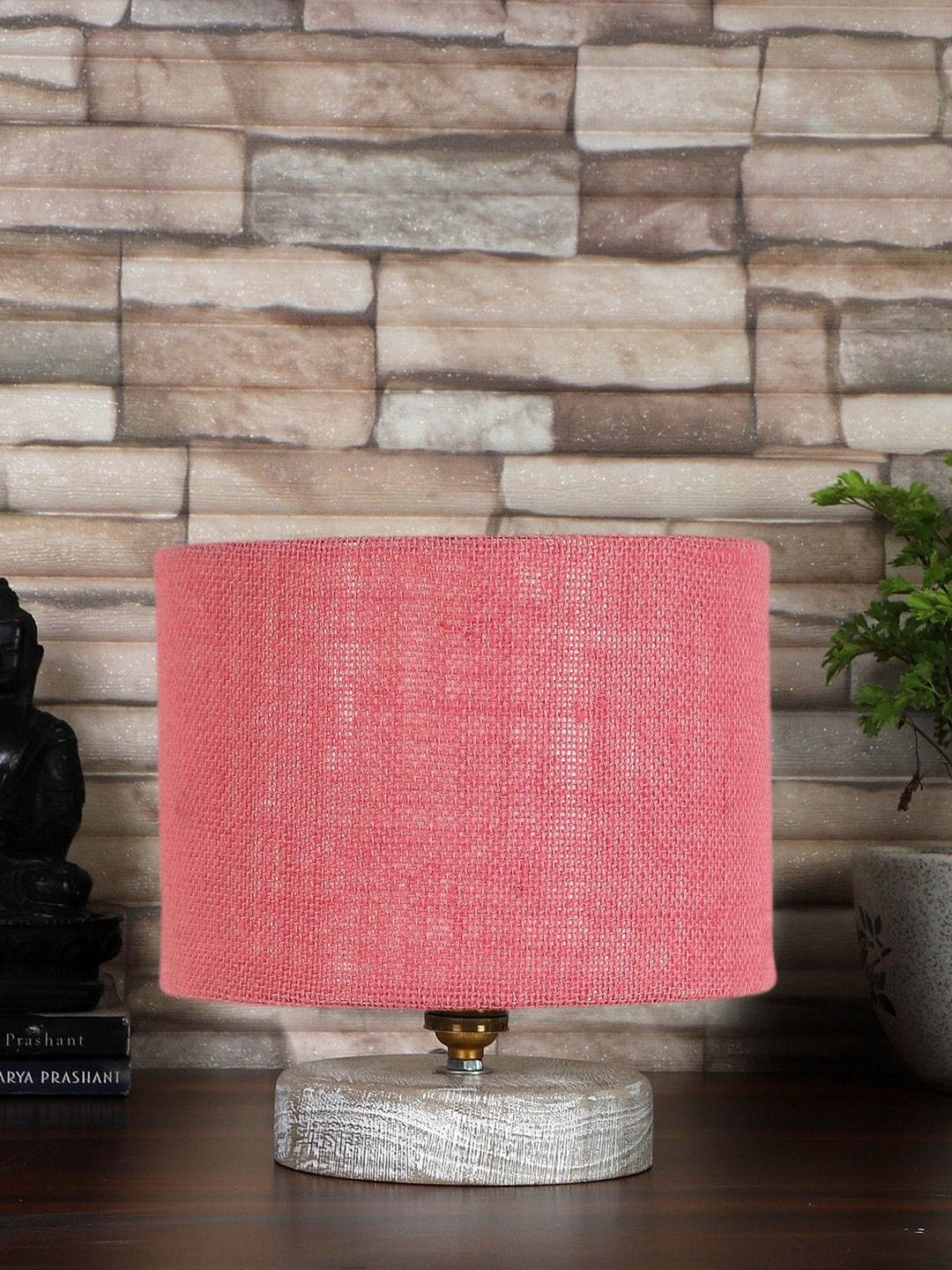 

Devansh Pink & White Textured Jute Table Lamp With Wood Base